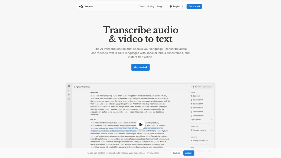 将音频和视频转录为 100 多种语言的文本 | Vocova