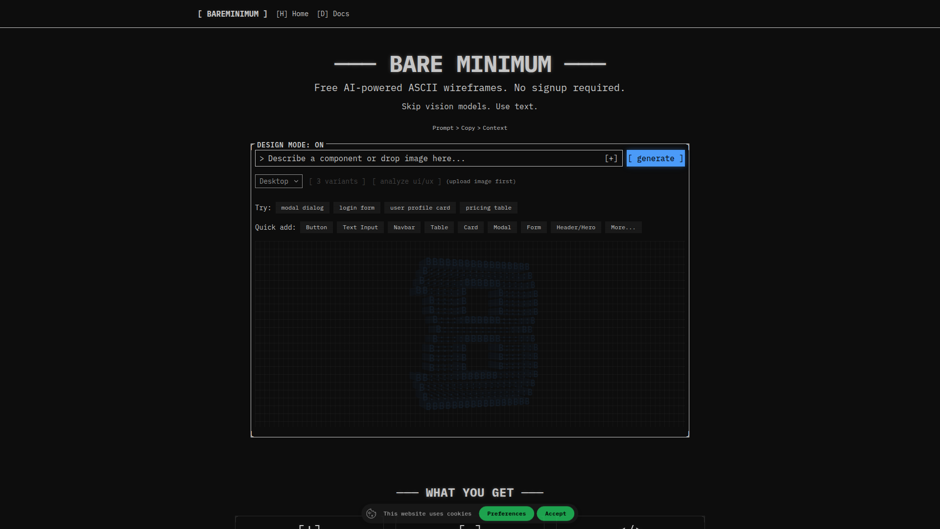 BareMinimum — 免费 AI ASCII 线框图生成器