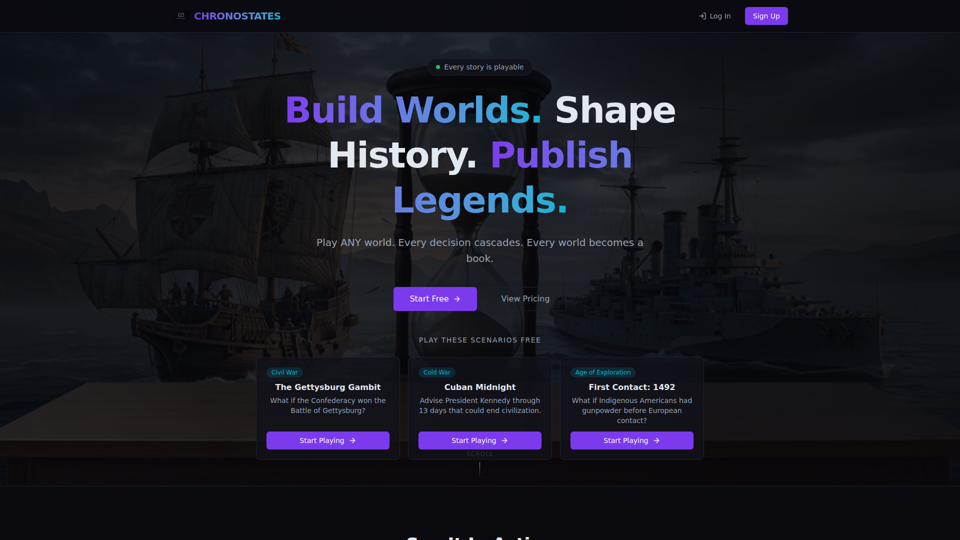 Chronostates — すべての物語をプレイ可能にする | AI代替歴史ゲーム＆ブックエンジン