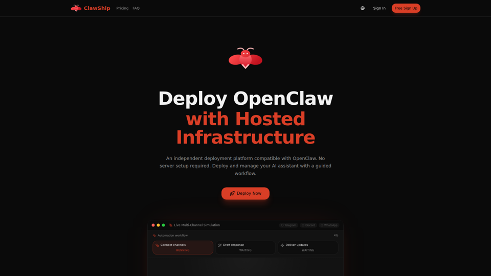 ClawShip - OpenClaw デプロイメントプラットフォーム | AIボットをワンクリックでデプロイ