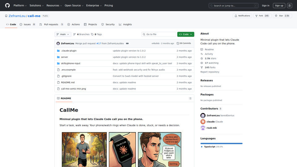 GitHub – ZeframLou/call-me: Minimales Plugin, mit dem Claude Code Sie auf dem Telefon anrufen kann. · GitHub