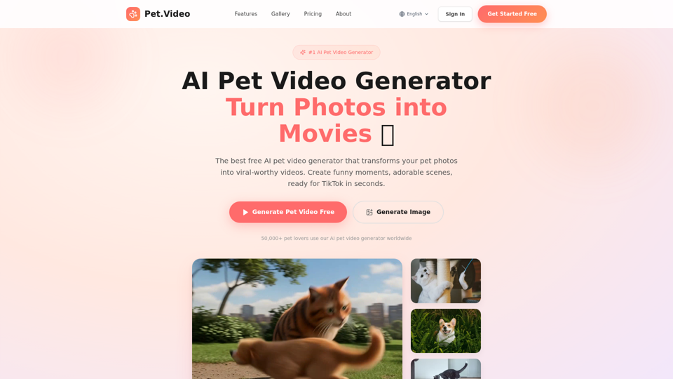 AI 宠物视频生成器 | 免费宠物照片转视频制作工具 - Pet.Video