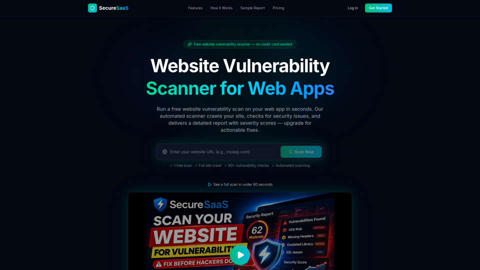 Scanner de vulnérabilités pour sites web — Analyse de sécurité gratuite pour applications web | SecureSaaS
