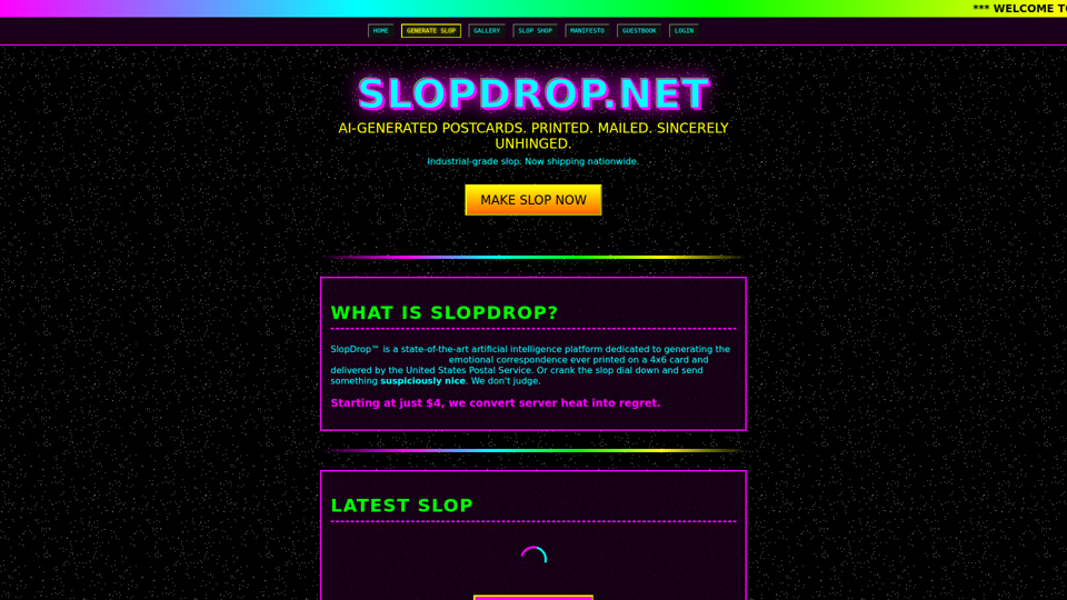 SLOPDROP.NET — AI Slop Postcards Mailed via USPS