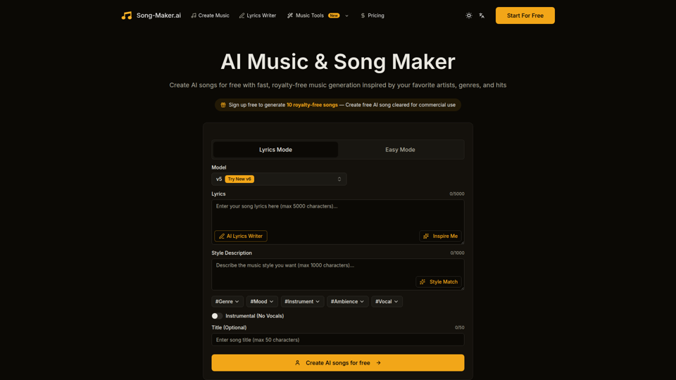 Song Maker AI: Generador de música sin regalías inspirado en cualquier artista