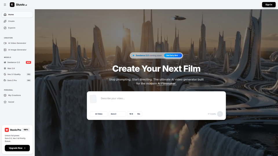 AI Video Generator | Direct with Seedance 2.0 & Sora - Stuvio