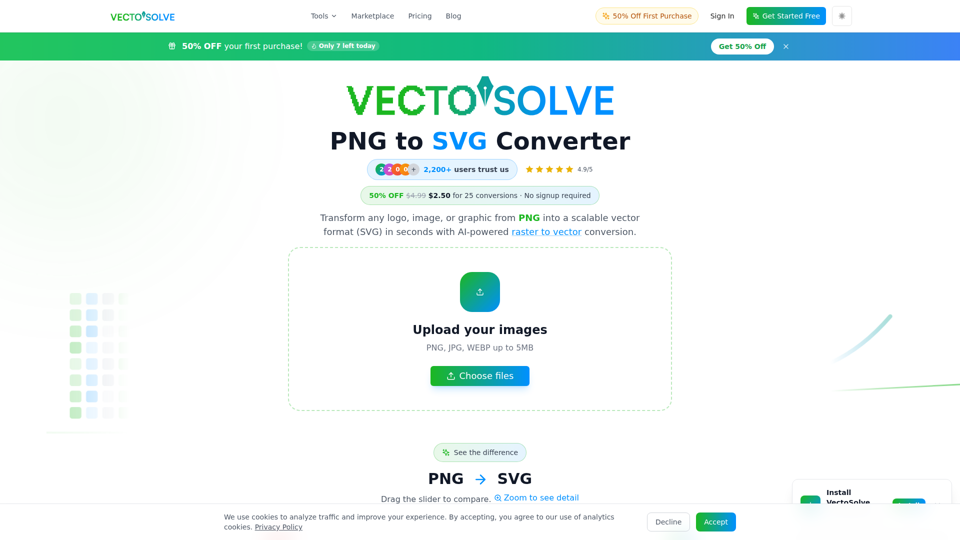 VectoSolve — Outils d’image IA : convertir en SVG, améliorer la résolution, supprimer l’arrière-plan et générer