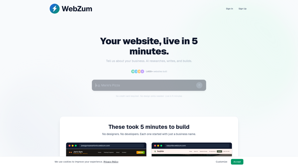 WebZum — AIウェブサイトビルダー | 5分で公開可能