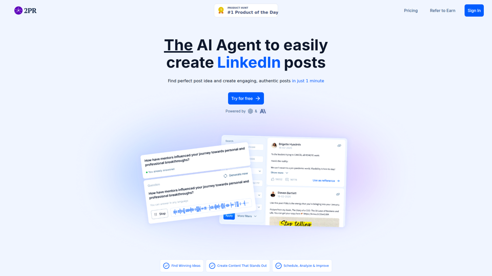 2pr | AI LinkedIn Post Generator – Create Engaging Content in 1 Minute