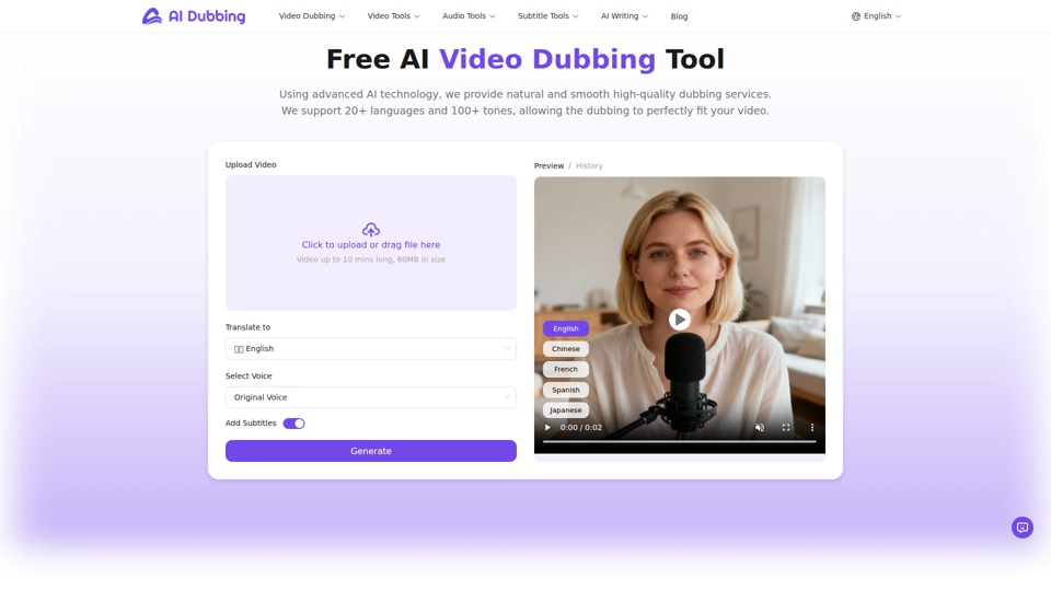 AI Dubbing - Free Online Video Dubbing Tool (No Sign-Up)