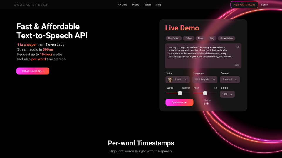 Unreal Speech: Cheapest Text-to-Speech API