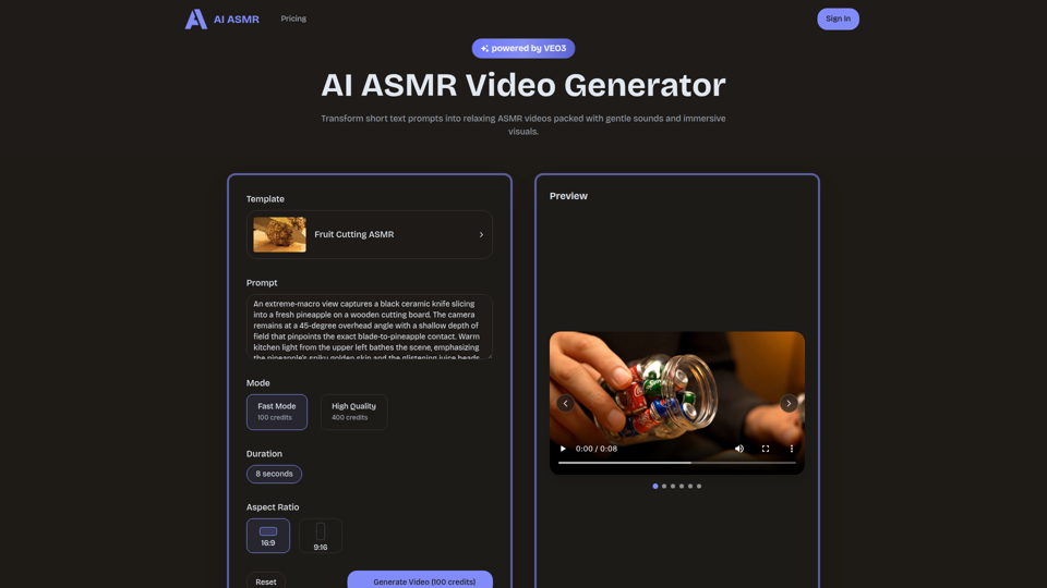 AI-ASMR | Erstellen Sie VEO3-Entspannungsvideos online