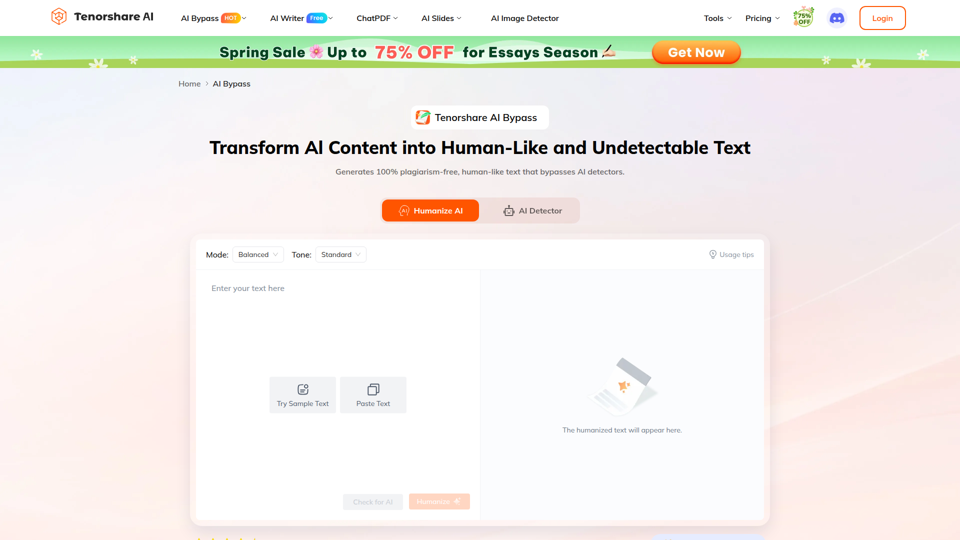 IA indetectable gratis: detector de IA y humanizador de IA | Tenorshare AI Bypass