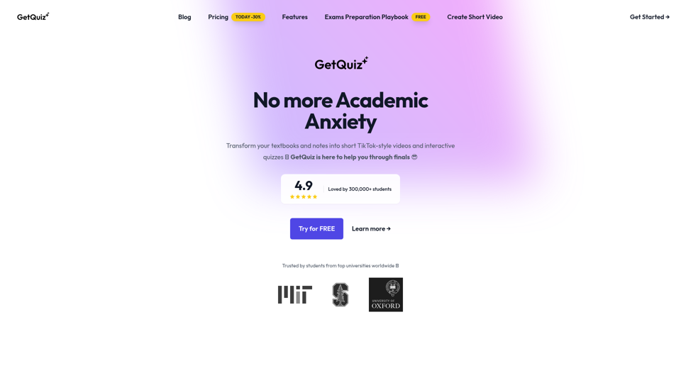 GetQuiz - 将你的教材和笔记转化为 TikTok 风格视频和测验 | 基于你的笔记生成测验 | 基于你的笔记和教材生成脑腐内容 | AI 生成的测验和脑腐内容