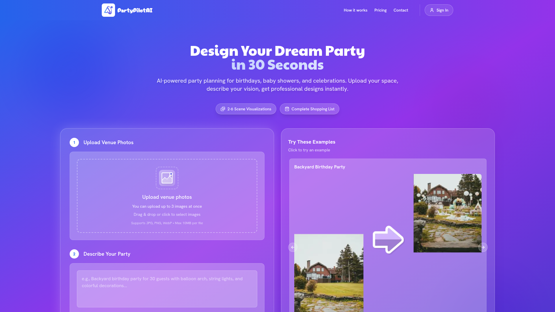 Planificador de fiestas con IA: diseños instantáneos en 30 s | PartyPilotAI