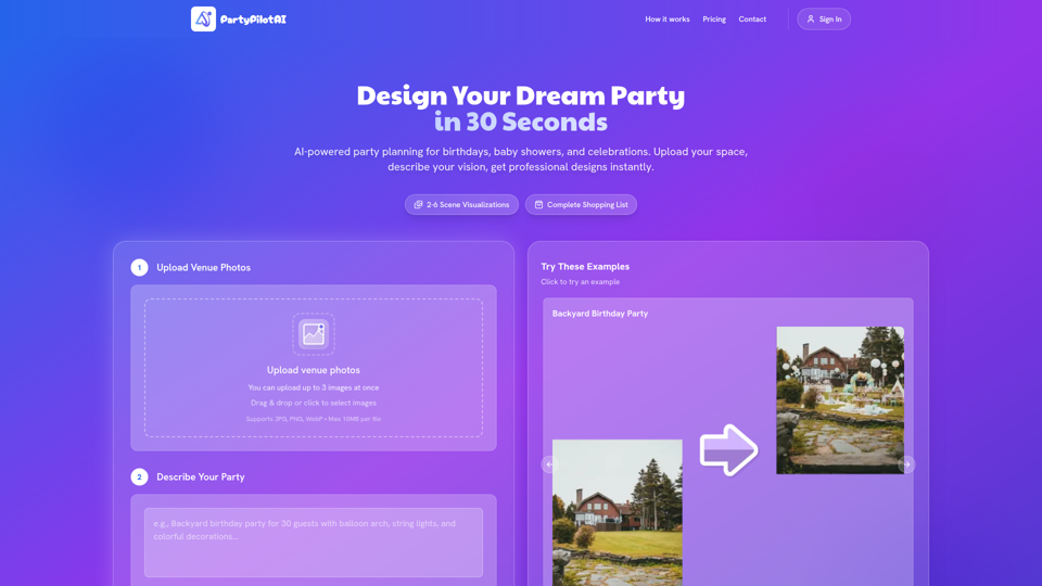 Planificador de fiestas con IA: diseños instantáneos en 30 s | PartyPilotAI