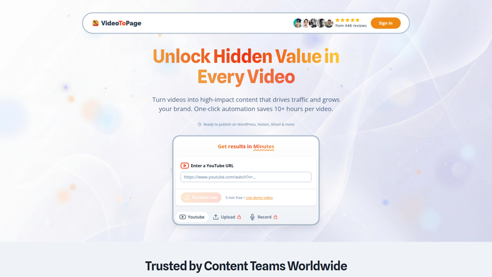 VideoToPage - Instantly summarize and repurpose any video or audio