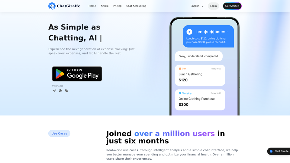 ChatGiraffe - Rastreador de gastos con IA para una gestión financiera más inteligente