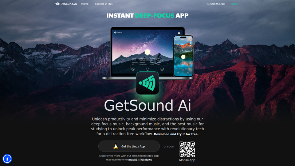 GetSound.ai - Concentración profunda con paisajes sonoros en tiempo real, minimiza las distracciones y desata la productividad