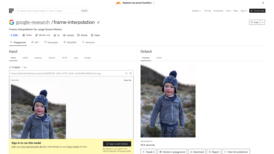 google-research/frame-interpolation | Ejecutar con una API en Replicate