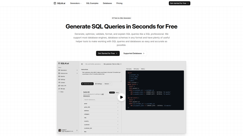 Generate SQL Queries in Seconds for Free - SQLAI.ai