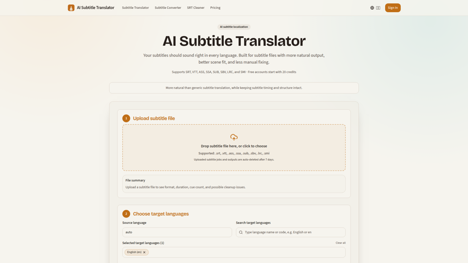 AI Subtitle Translator Online for SRT, VTT, ASS, SSA, SUB