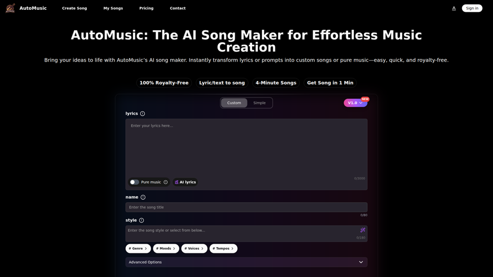 AI 歌曲制作器：你的 AI 音乐生成器 | Automusic