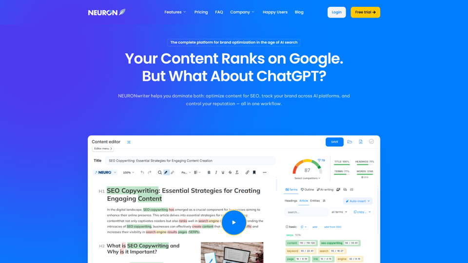 NEURONwriter——领先的生成式 AI 内容优化工具。- NEURONwriter - 使用 #semanticSEO 进行内容优化