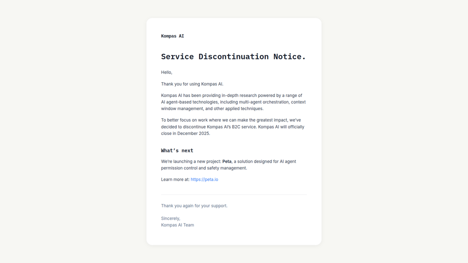 Service Discontinuation Notice - Kompas AI