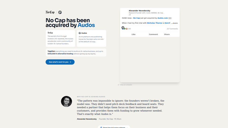 No Cap Acquired by Audos — AI Platform & Up to $100K for Founders | Audos