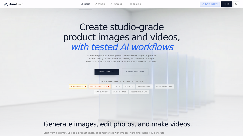 AuraTuner | Imágenes y videos de productos con IA de calidad de estudio