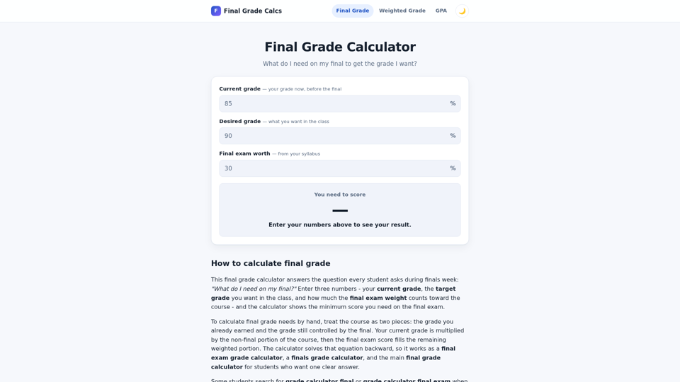 Calculadora de nota final — ¿Qué necesito en mi examen final?