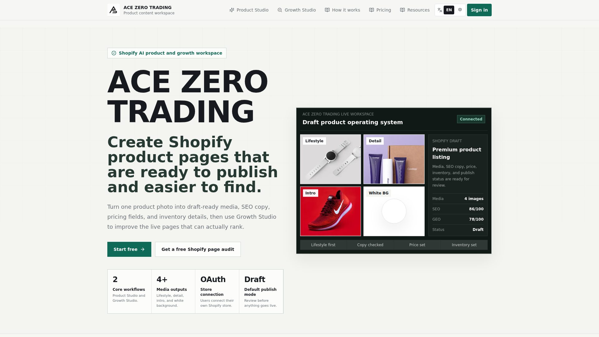 ACE ZERO TRADING：Shopify販売者向けAI商品コンテンツツール